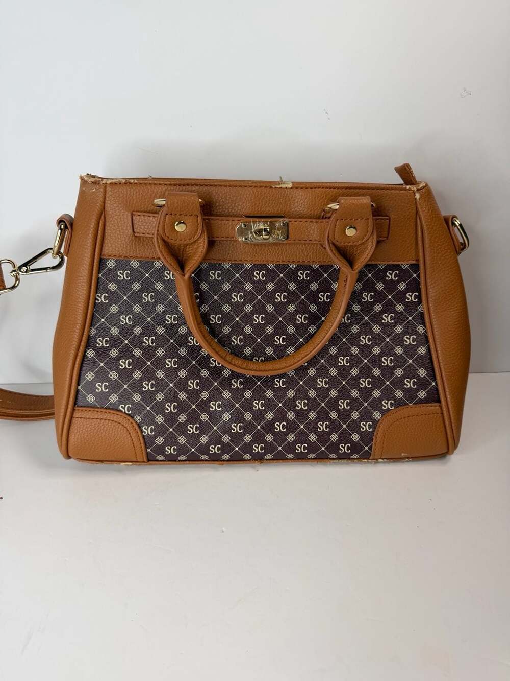The Danbury Mint Monogram Initial Satchel Crossbody Purse Brown